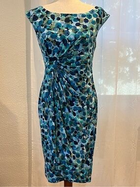 connected apparel Blue and Teal Dot-Print Midi Sheath with Side Twist